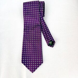 Lauren Ralph Lauren Mens Tie Handmade 100% Silk Purple Silver Geometric Squares